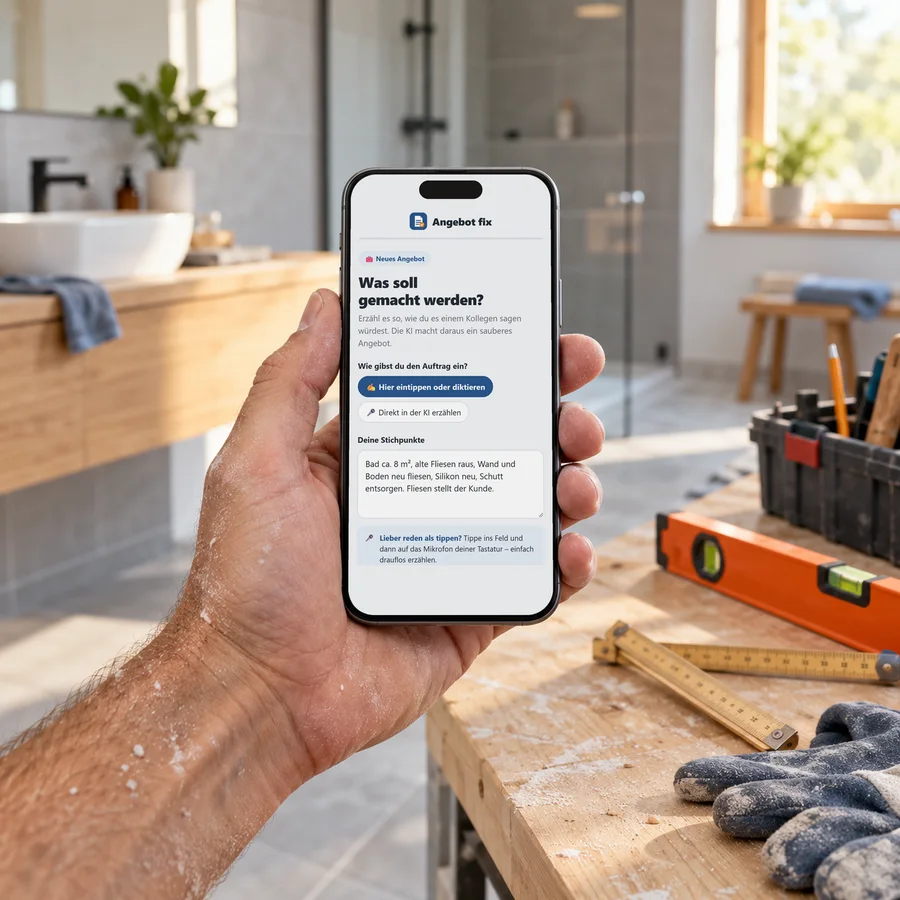 Handwerker hält ein Smartphone mit der App Angebot fix in der Werkstatt