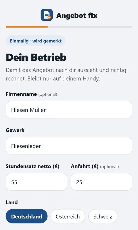 App Angebot fix: Firmenname, Gewerk, Stundensatz und Umsatzsteuer einmalig eintragen